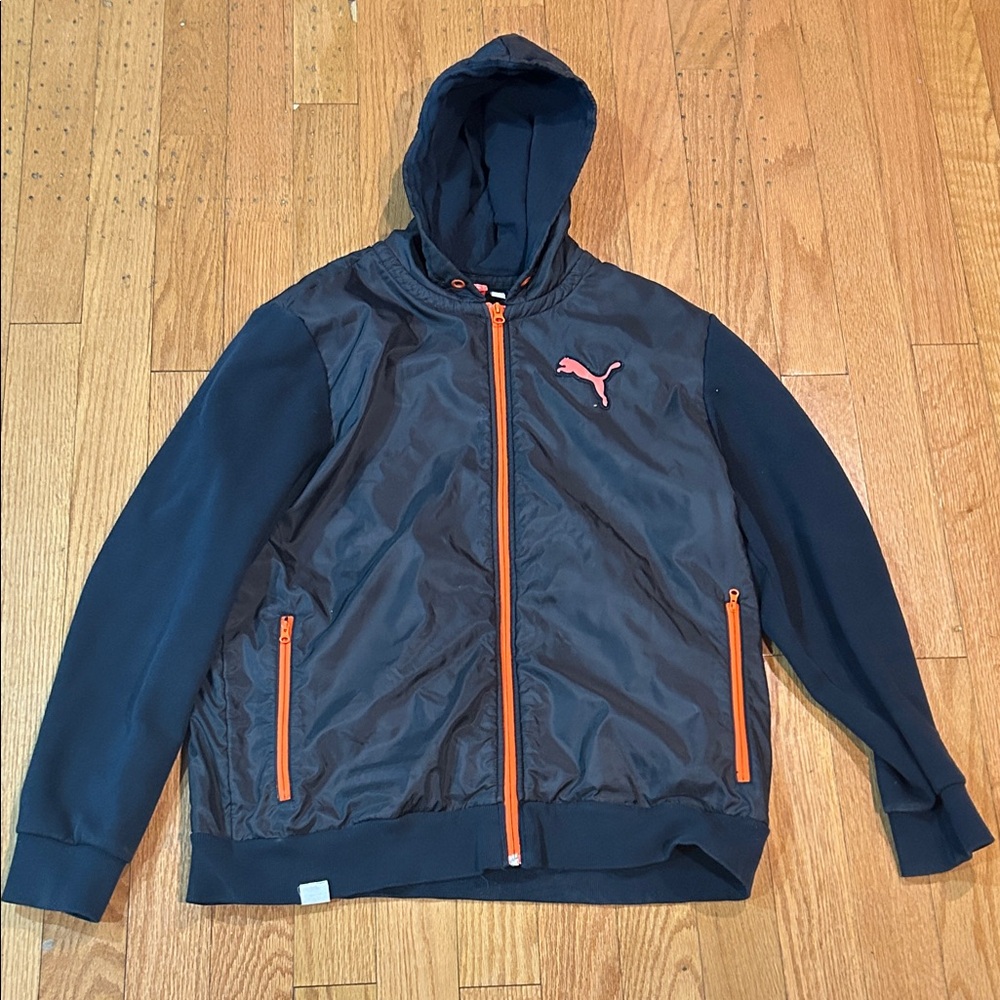 Puma Men's Dark Blue and Bright Orange Hoodie Sz L
